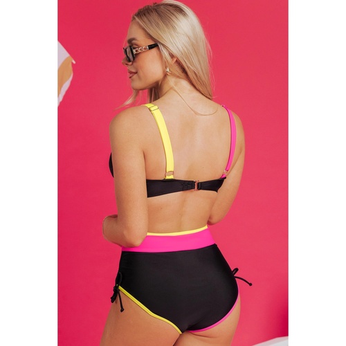 Black Color Block Drawstring Side V Neck High Waist Bikini Set - S - Main Image