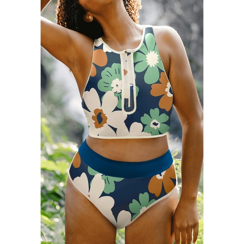 Blue Flower Zip up Racerback High Waisted Bikini - M - Main Image