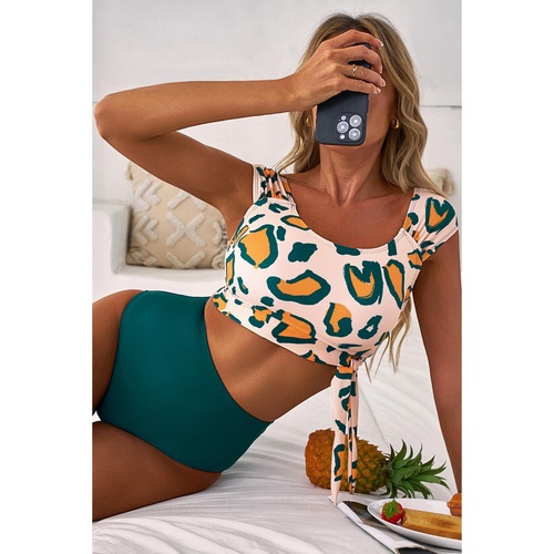 Green Leopard Print U Neck Knotted High Waist Bikini Set - S - Main Image