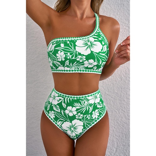 Green Floral Print One Shoulder High Waist Bikini Set - XL - Main Image
