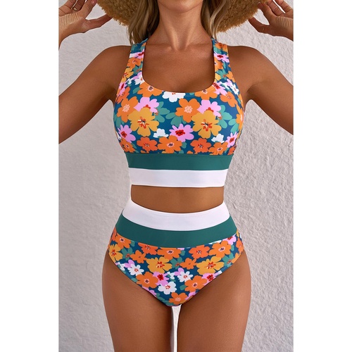 Green Floral Print Racerback Cutout High Waist 2pcs Bikini - L - Main Image