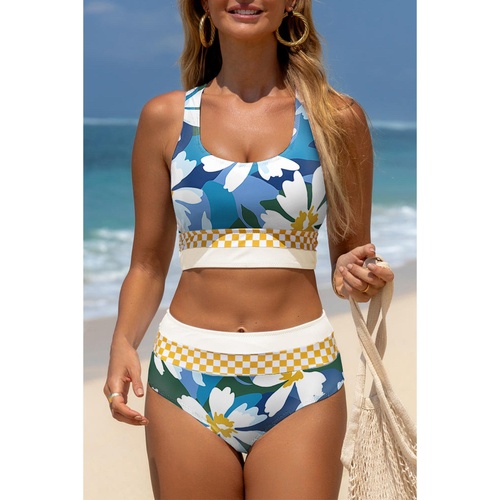 Green Floral Print Racerback Cutout High Waist 2pcs Bikini - L - Main Image