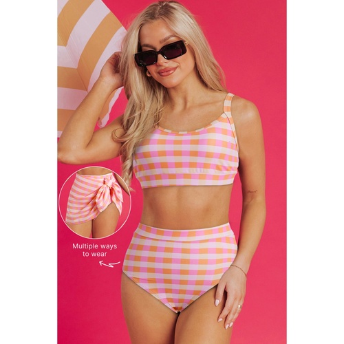 Pink 3pcs Gingham High Waist Bikini & Sarong - XL - Main Image
