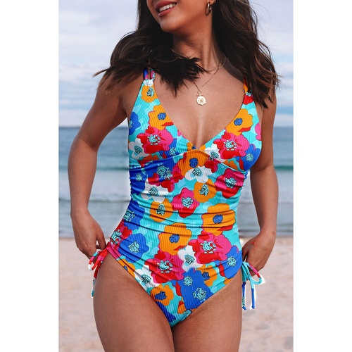 Sky Blue Orange Adjustable Straps Ribbed Knit One Piece Swimsuit - M - Main Image