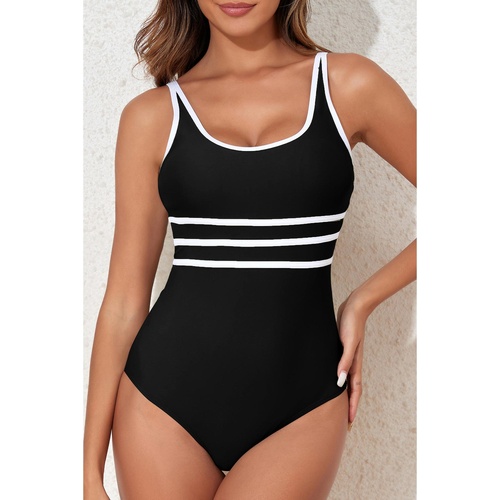 Black Contrast Trim Colorblock U Neck One Piece Swimwear - 2XL - Main Image