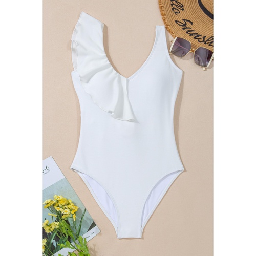 White Asymmetric Ruffle Trim Tie Waist One Piece Swimsuit - L - Main Image