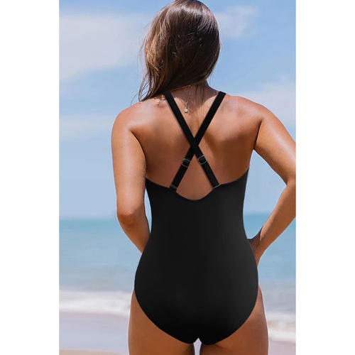 Black V Neck Twist Ruched Crisscross Backless One-Piece Swimsuit - M - Main Image