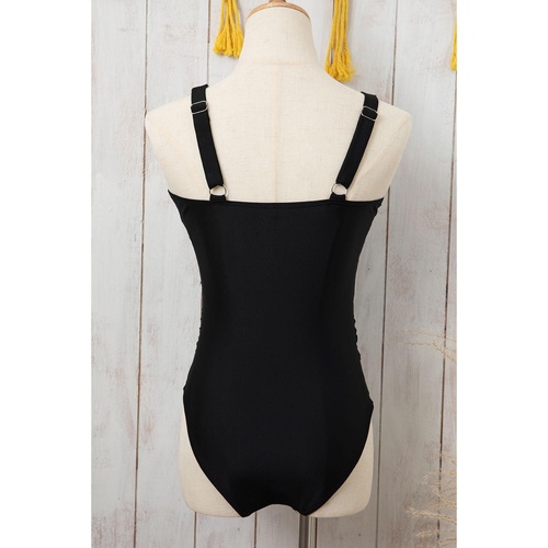 Brown Leopard Mesh Insert V Neck High Waist Monokini - S - Main Image