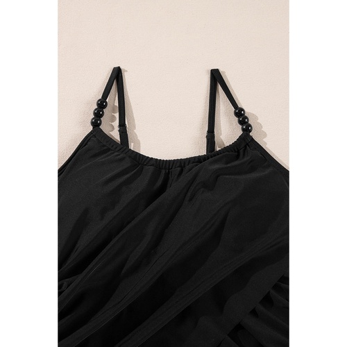 Black Beaded Spaghetti Straps Ruched Overlapped Colorblock One Piece Swimsuit - M - Main Image