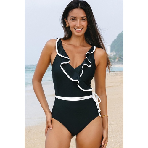 Black Color Contrast Ruffled Wrap V Neck Swimsuit - L - Main Image