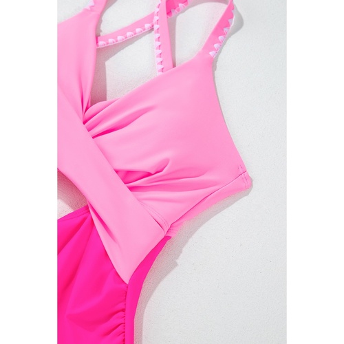 Rose Red Ric Rac Trim Contrasted Patchwork Cutout One Piece Swimsuit - XL - Main Image