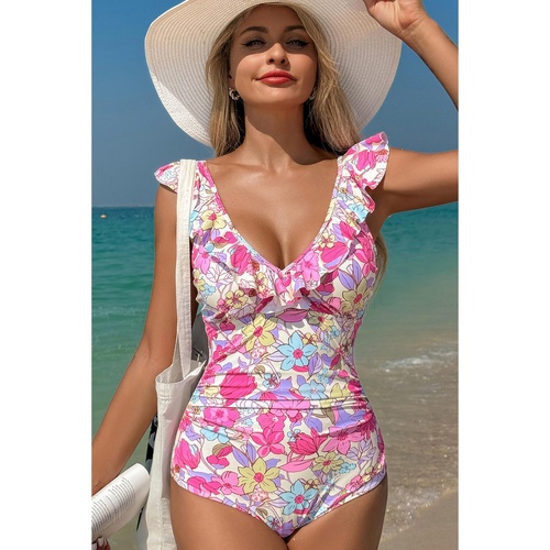 Pink Floral Ruffle Trim V Neck Lace-up Back Tummy Control One Piece Swimsuit - XL - Main Image