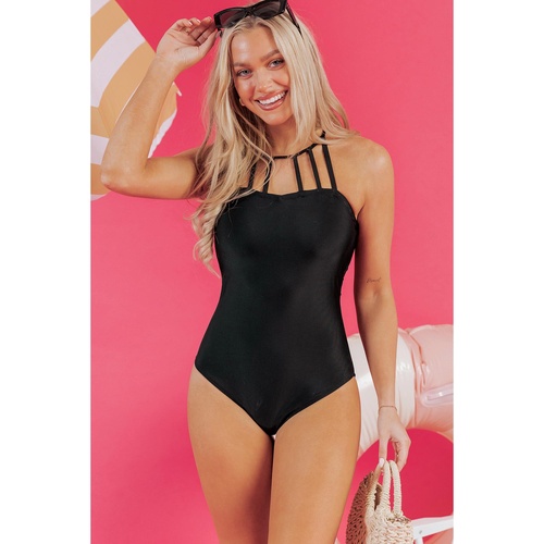 Black Sleeveless Strappy Halter Neck Sexy One Piece Swimsuit - 2XL - Main Image