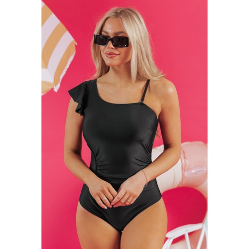 Black Asymmetric Ruffle Shoulder Pleated One Piece Swimsuit - M - Main Image