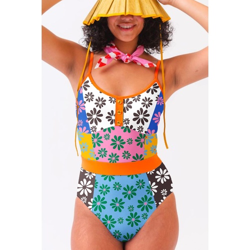 Orange Floral Colorblock Buttoned Decor Front Spaghetti Straps Teddy Swimsuit - L - Main Image