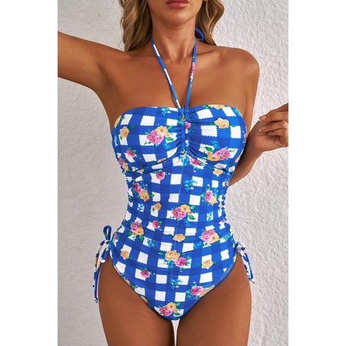 Blue Folk Gingham Halter Ruched Bodice Drawstring Ties One Piece Swimwear - M - Main Image