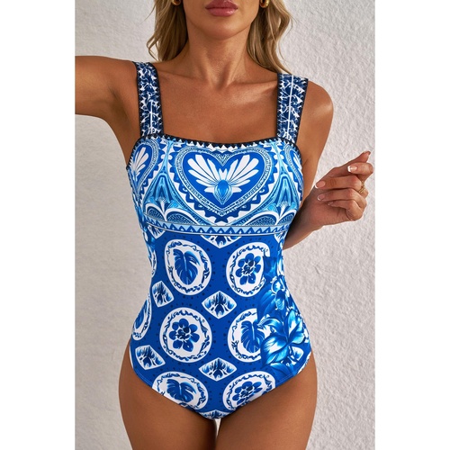 Blue Tile Pattern Ricrac Wide Straps Sheath One Piece Swimsuit - L - Main Image