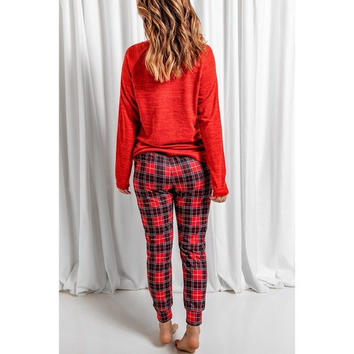 Solid Long Sleeve Top and Plaid Pants Loungewear - M - Main Image