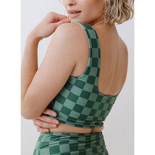 Green Checkered Print Square Neck Cropped Swim Top - 3XL - Main Image