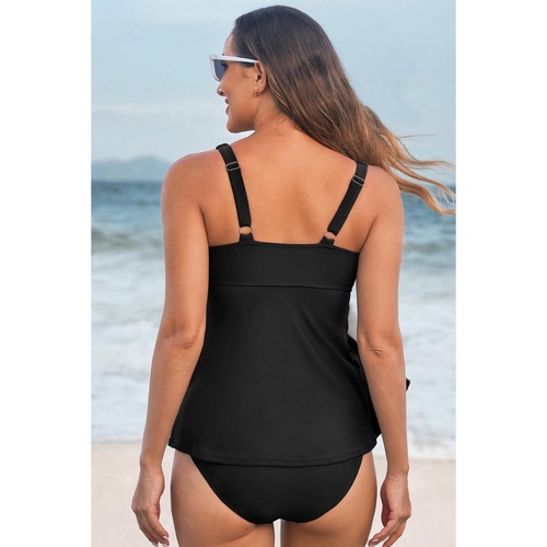 Black Crossed V Neck Adjustable Strap Babydoll Tankini Top - M - Main Image