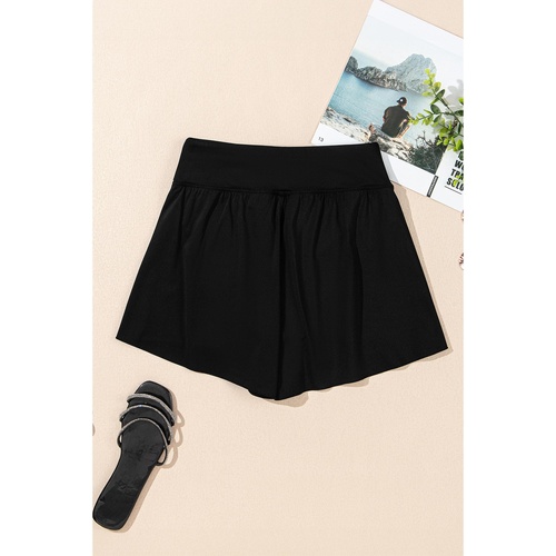 Black Solid Color High Waist Wide Leg Swim Bottom - M - Main Image