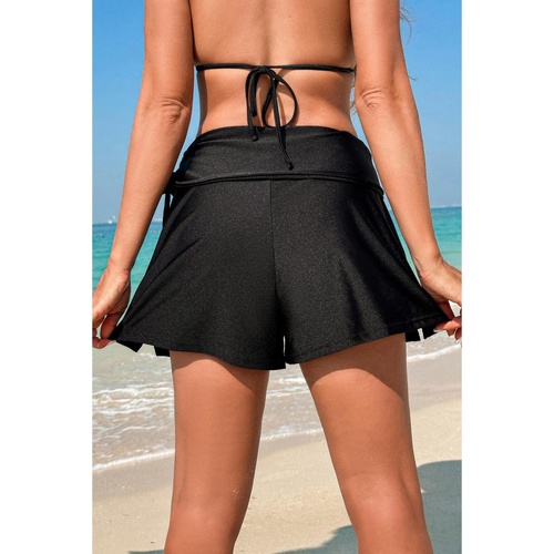 Black Drawstring Ruched High Waist Loose Swim Shorts - S - Main Image