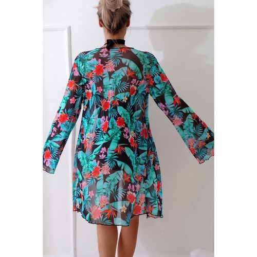 Black Halter Neck Monokini with Floral Beach Cover Up - S - Main Image