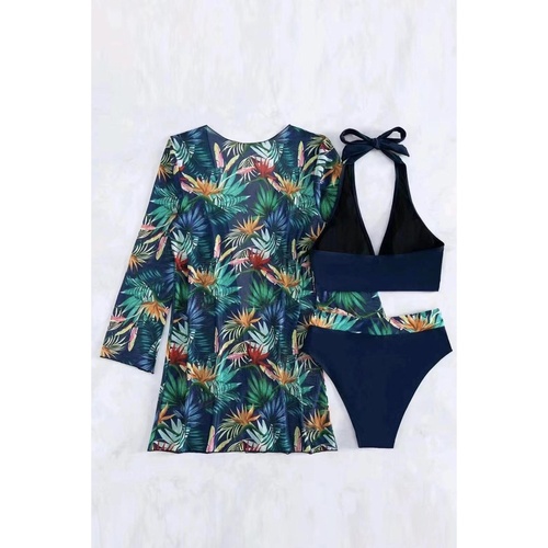 Black 3pcs Tropical Contrast Trim Halter Bikini Set with Cover up - S - Main Image