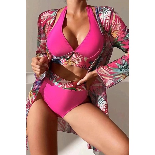 Rose Red 3pcs Tropical Contrast Trim Halter Bikini Set with Cover up - L - Main Image