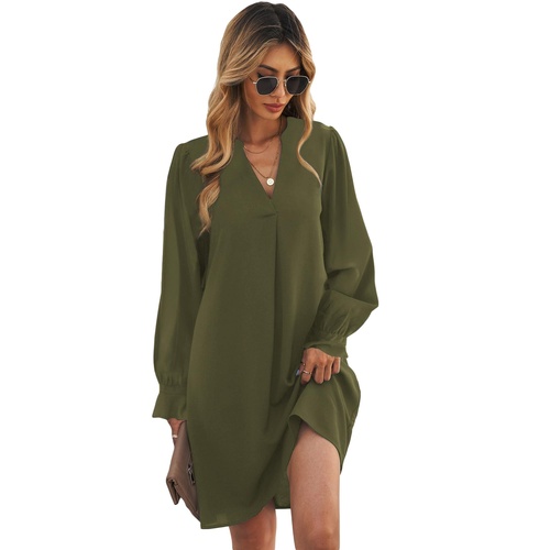 Azura Exchange Green Split V Neck Ruffled Sleeves Shirt Dress - M - Main Image