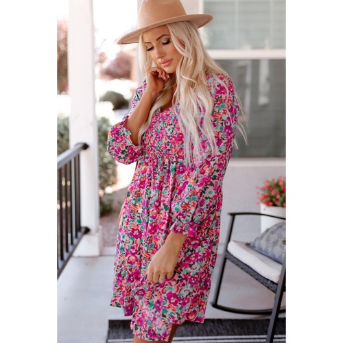 Purple Smocked V Neck Puffy Sleeve Floral Dress - M - Main Image