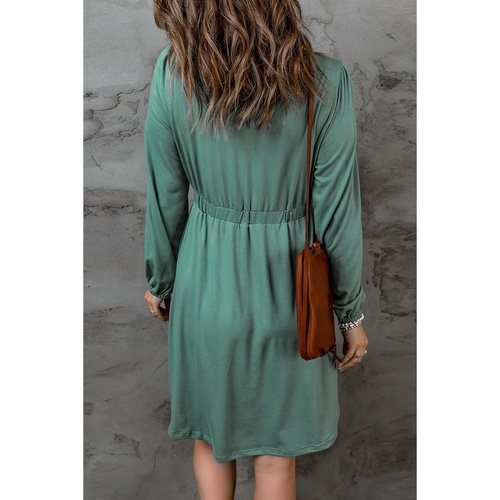Green Button Up High Waist Long Sleeve Dress - S - Main Image