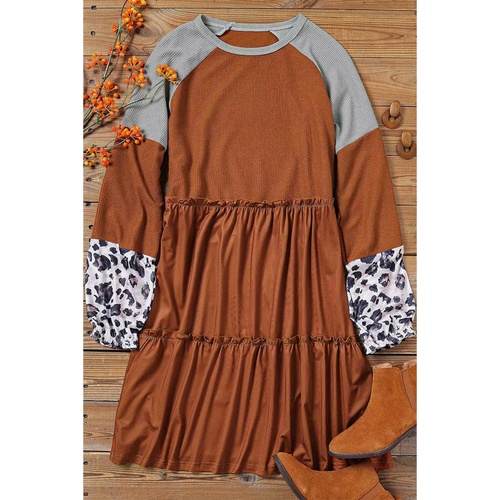 Brown Waffle Knit Leopard Patchwork Long Sleeve Dress - S - Main Image