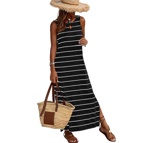 Black Stripe Print Open Back Sleeveless Maxi Dress with Slits - M - Main Image