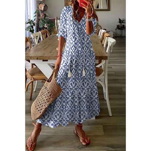 Azura Exchange Sky Blue V Neck Casual Geometric Print Maxi Dress - S - Main Image