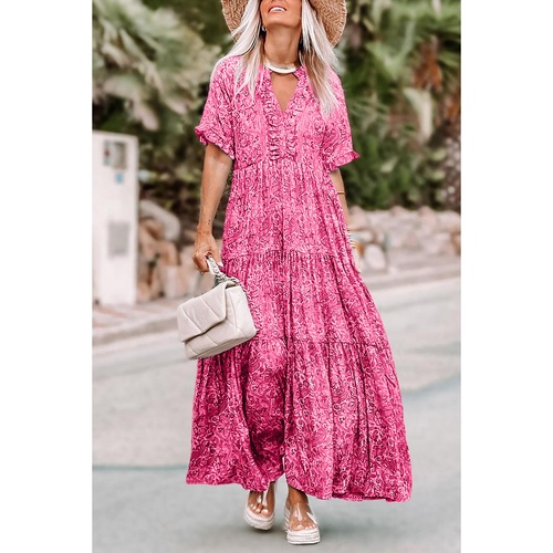 Pink Paisley Print Boho Holiday Ruffle Tiered Maxi Dress - XL - Main Image