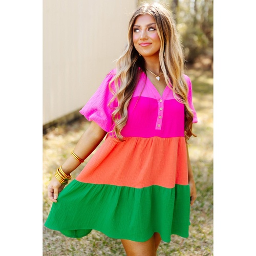 Multicolor Color Block Tiered Puff Sleeve Dress - S - Main Image