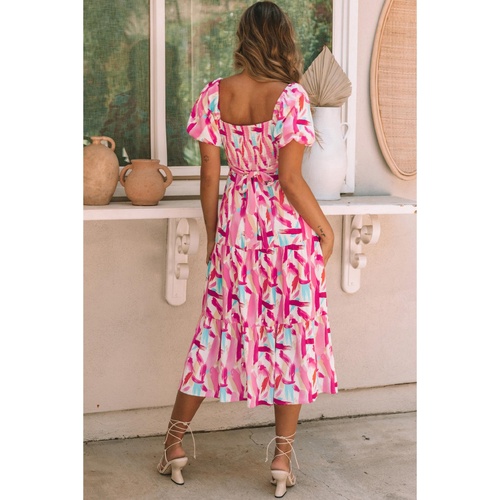 Pink Brush Stroke Printed Smocked Ruffle Tiered Dress - L - Main Image