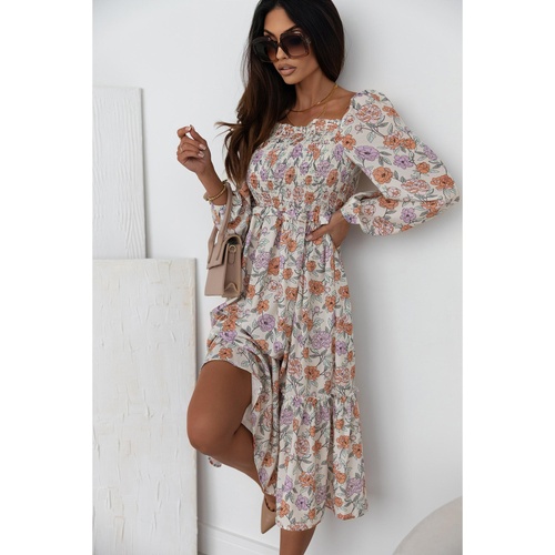 Azura Exchange Multicolor Floral Smocked Long Sleeve Pocketed Dress - L - Main Image