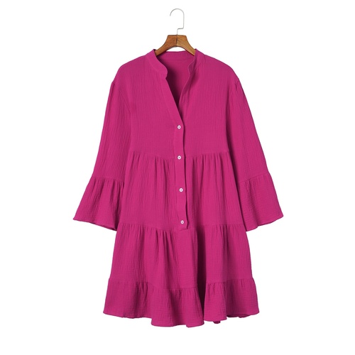 Rose Crinkled Tiered Split Neck Shirt Dress - L - Main Image