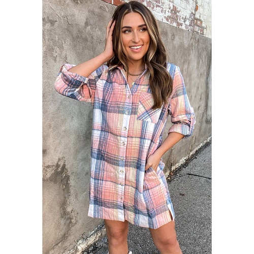 Azura Exchange Pink Plaid Roll-tab Sleeve Side Slit Shirt Dress - M - Main Image