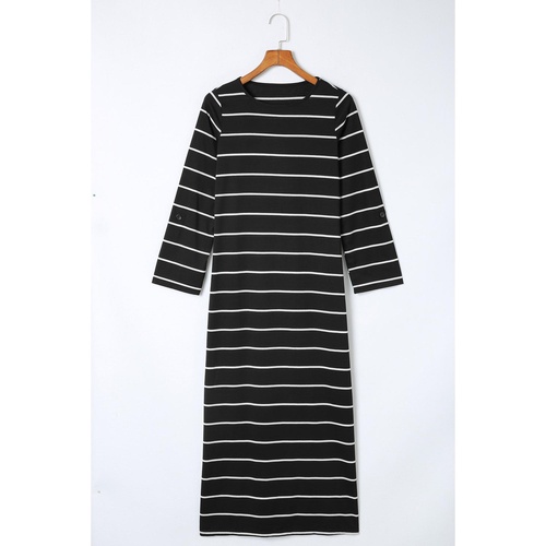 Black Striped Casual Slit Long Dress - L - Main Image