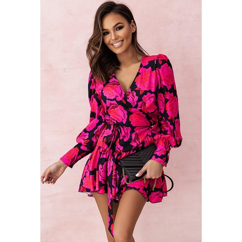 Rose Floral Print V Neck Wrap Bishop Sleeve Ruffle Tiered Mini Dress - M - Main Image