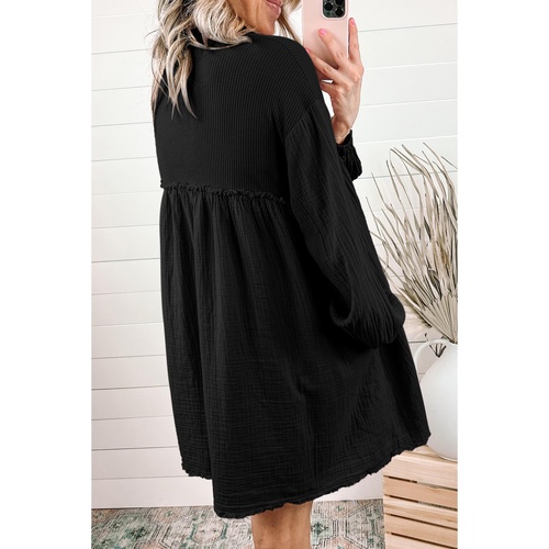 Azura Exchange Black Patchwork Crinkle Puff Sleeve Shirt Dress - XL - Main Image