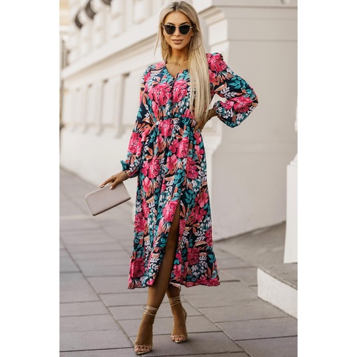 Azura Exchange Red V Neck Elastic High Waist Split Floral Dress - M - Main Image