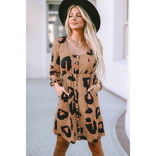Leopard Print Button Front Bubble Sleeve Loose Knit Dress - L - Main Image