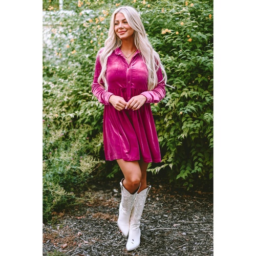 Azura Exchange Rose Long Sleeve Ruffle Velvet Button Up Dress - S - Main Image