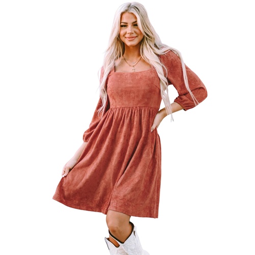 Brown Suede Square Neck Puff Sleeve Dress - XL - Main Image