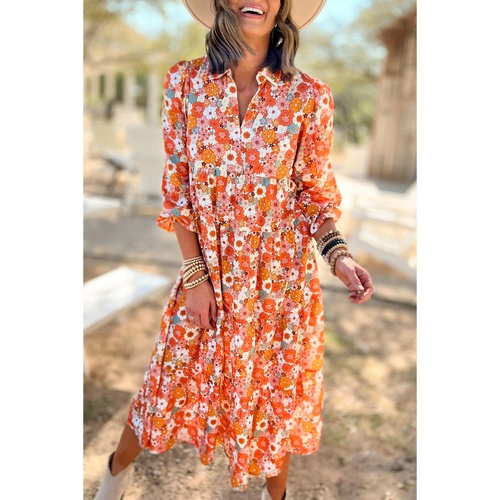 Azura Exchange Multicolor Boho Floral Collared Long Sleeve Ruffled Dress - L - Main Image