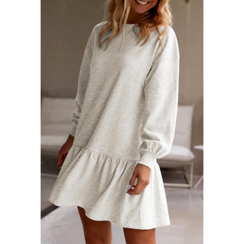 White Solid Color Puff Sleeve Ruffle Hem Mini Dress - S - Main Image